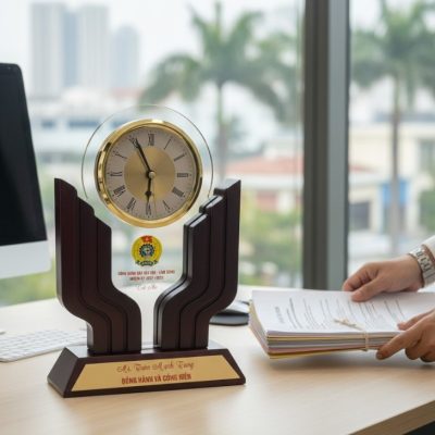 Đồng hồ gỗ để bàn in logo | Quà tặng Đại hội Công Đoàn