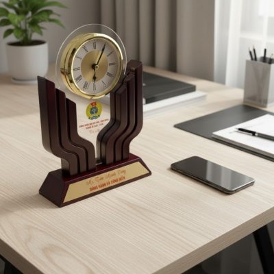 Đồng hồ gỗ để bàn in logo | Quà tặng Đại hội Công Đoàn