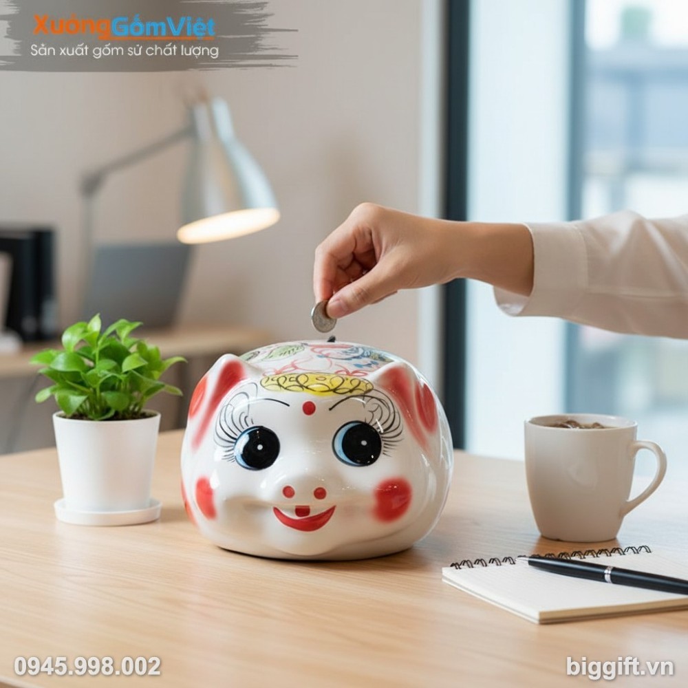 Heo đất in logo quà tặng trong không gian làm việc chuyên nghiệp