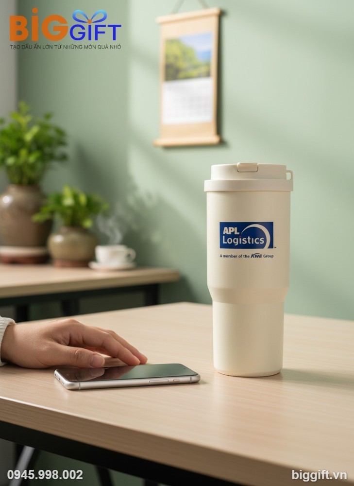 Ly giữ nhiệt quà tặng in logo APL Logistics màu trắng 900ml