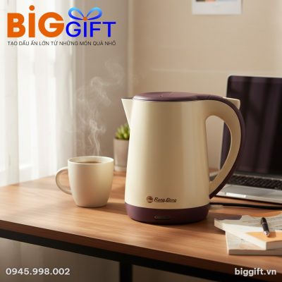 Ấm siêu tốc Rạng Đông màu kem đặt trên bàn