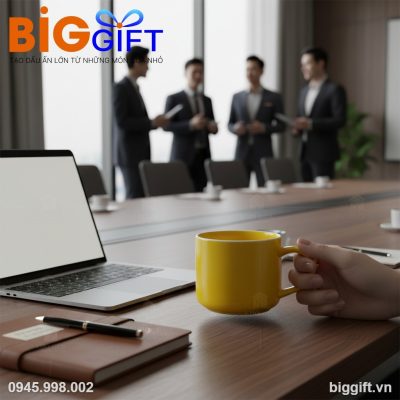 Cốc sứ quà tặng in logo dáng lùn men màu vàng 400ml LS03