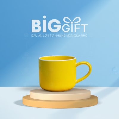 Cốc sứ quà tặng in logo dáng lùn men màu vàng 400ml LS03