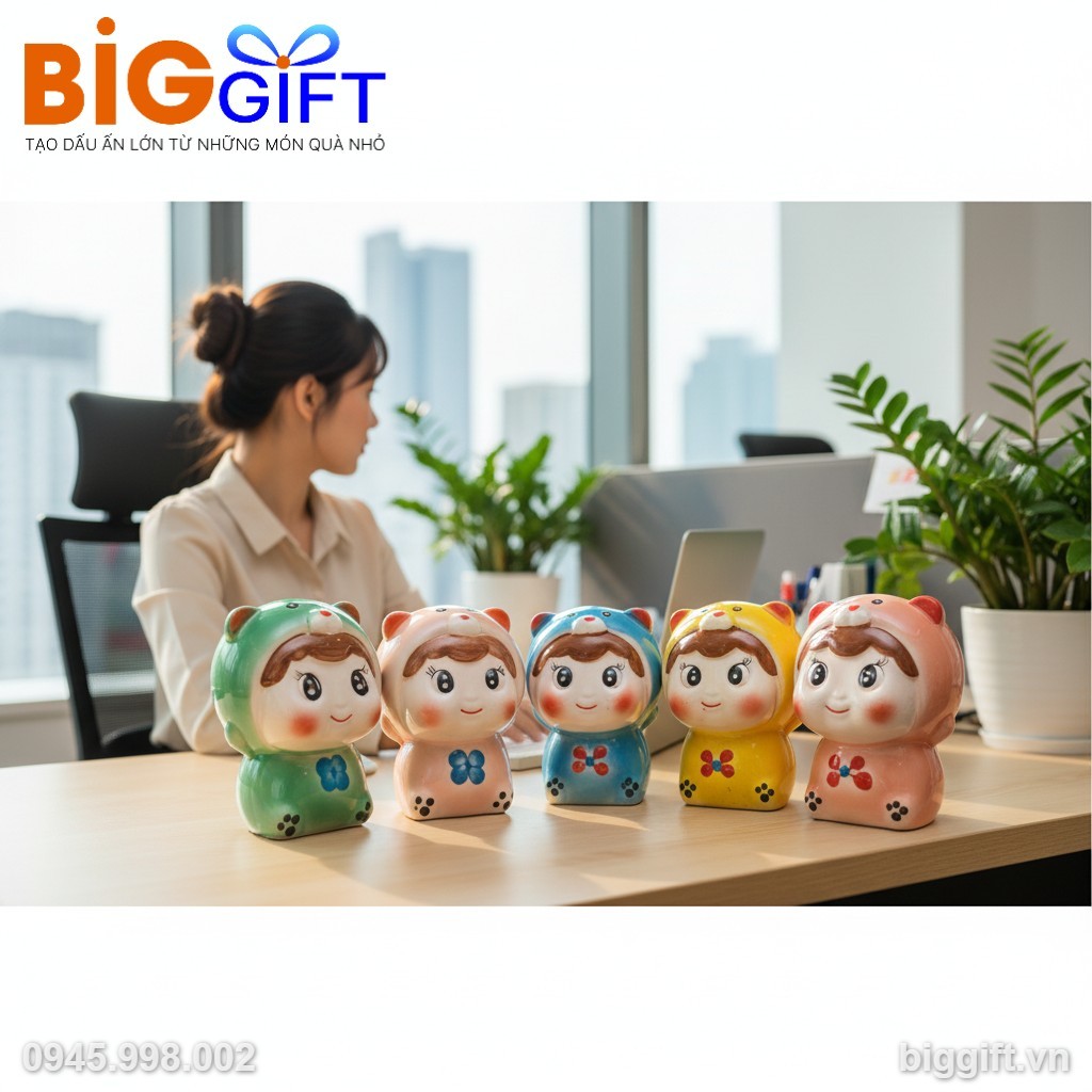 Heo đất búp bê quà tặng in logo nhiều màu sắc HĐ04