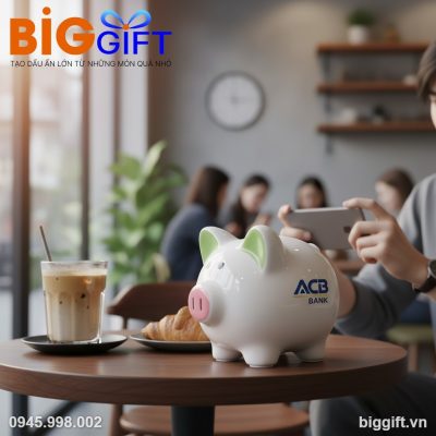 Heo đất quà tặng in logo 13x14x14cm màu xanh HĐ02