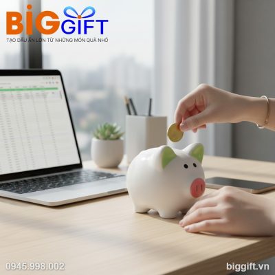 Heo đất quà tặng in logo 13x14x14cm màu xanh HĐ02