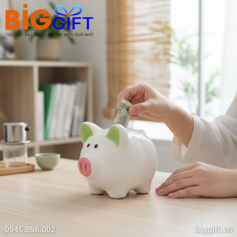 Heo đất quà tặng in logo 13x14x14cm màu xanh HĐ02