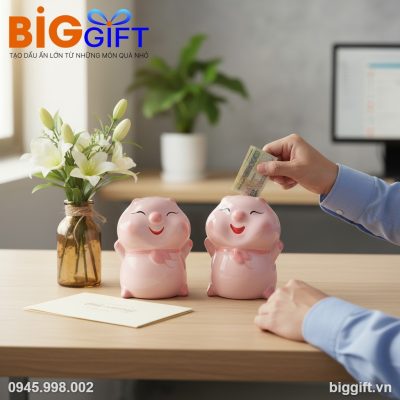 Heo đất quà tặng in logo bánh bao màu hồng 19x20x23cm HĐ02