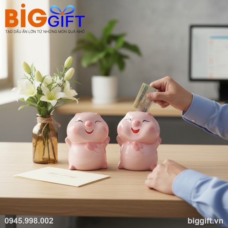 Heo đất quà tặng in logo bánh bao màu hồng 19x20x23cm HĐ02