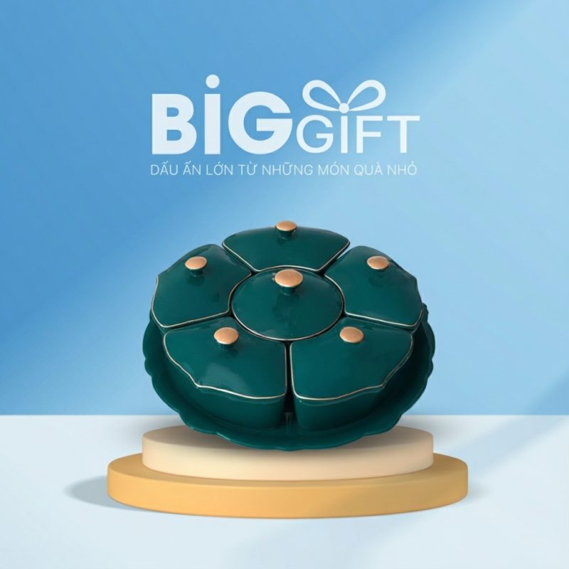 Khay mứt sứ quà tặng in logo dáng 5 cánh hoa men xanh cổ vịt KM03 - Ảnh đại diện