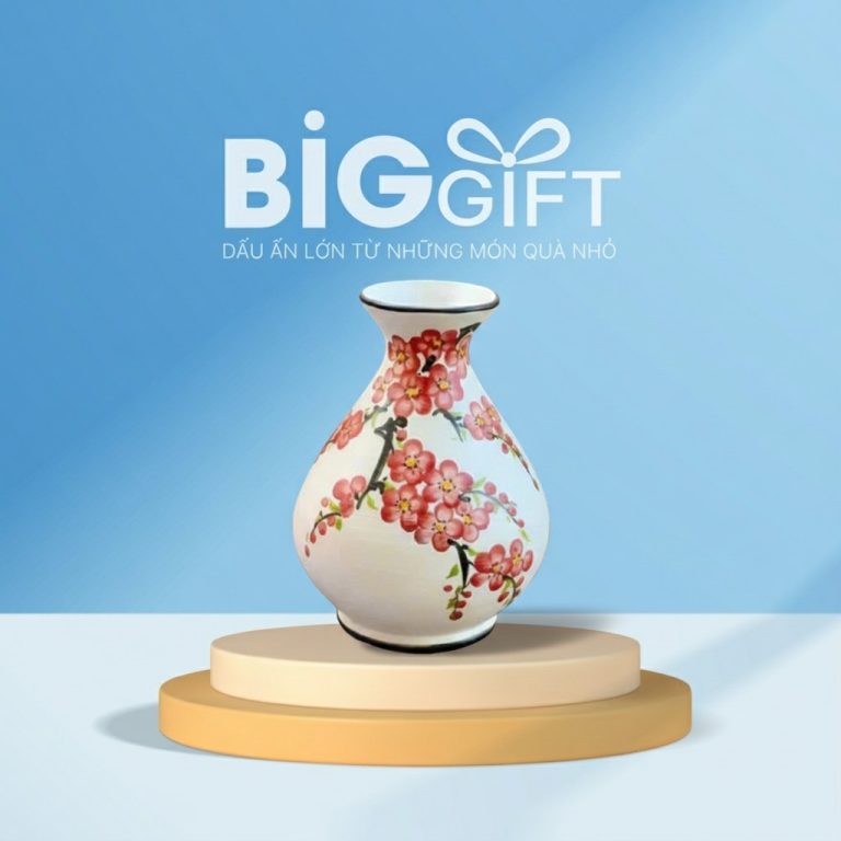 Lọ hoa Bát Tràng quà tặng dáng béo vẽ đào hồng 21cm LHGS05