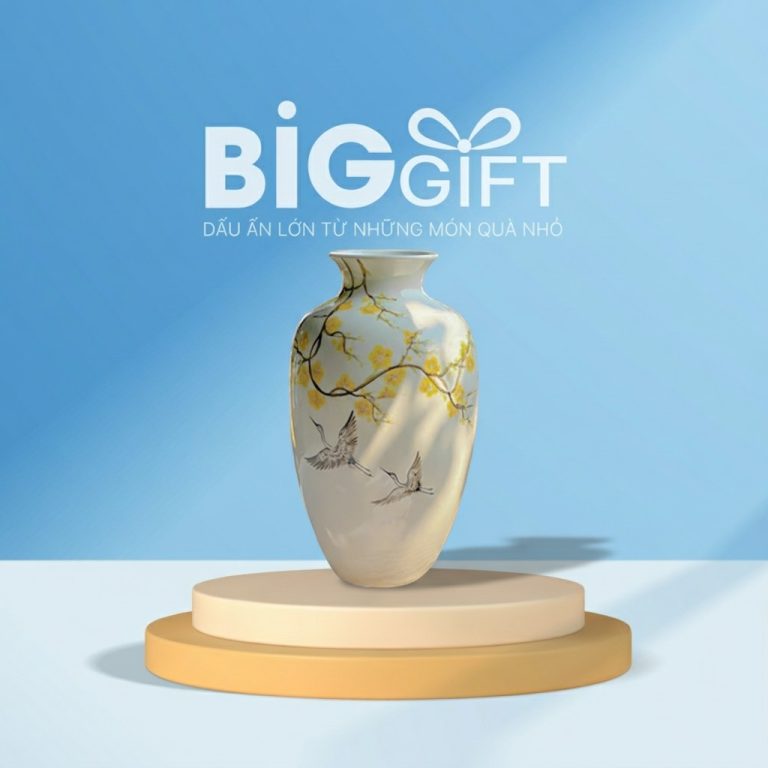 Lọ hoa gốm sứ quà tặng dáng béo chim hạc hoa mai 29cm LHGS04