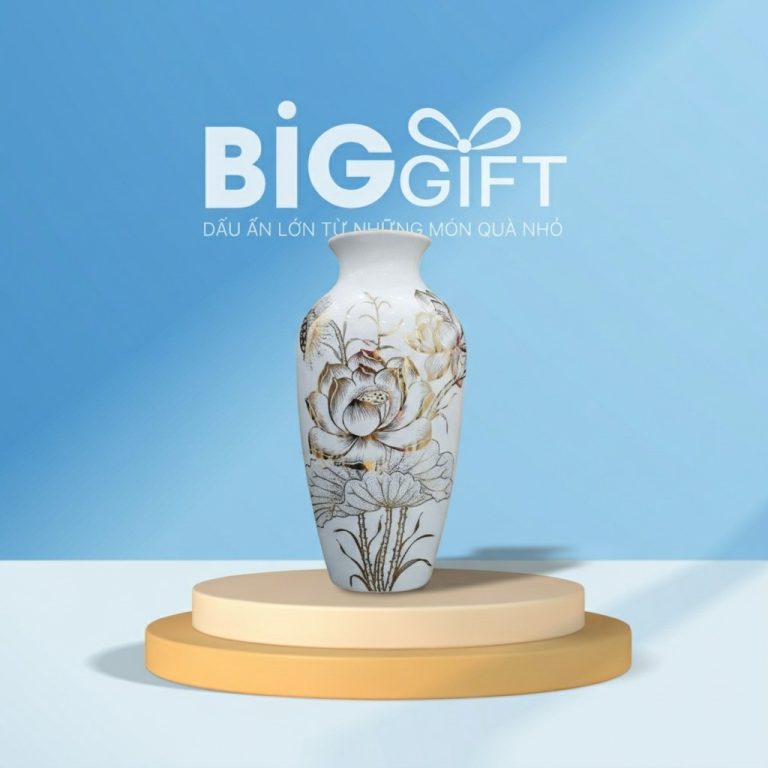 Lọ hoa gốm sứ quà tặng dáng cổ rụt hoa sen decal vàng kim 27cm LHGS03
