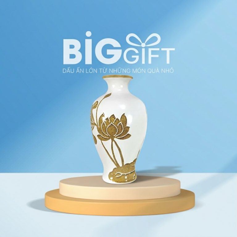Lọ hoa gốm sứ quà tặng in logo dáng đùi dế sen gấm vàng 34cm LHGS01
