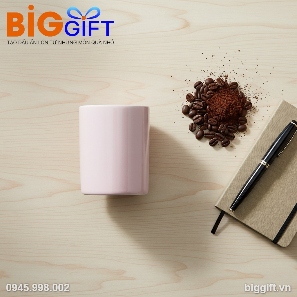 Ly sứ quà tặng in logo không quai hồng pastel 350ml LS04