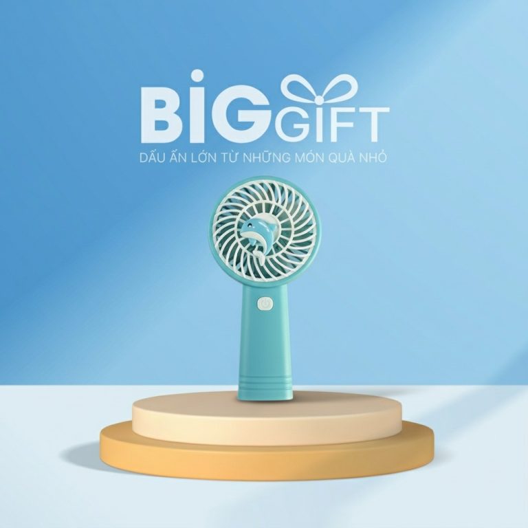 Quạt điện mini cầm tay quà tặng in logo xanh dương 19cm QĐ04