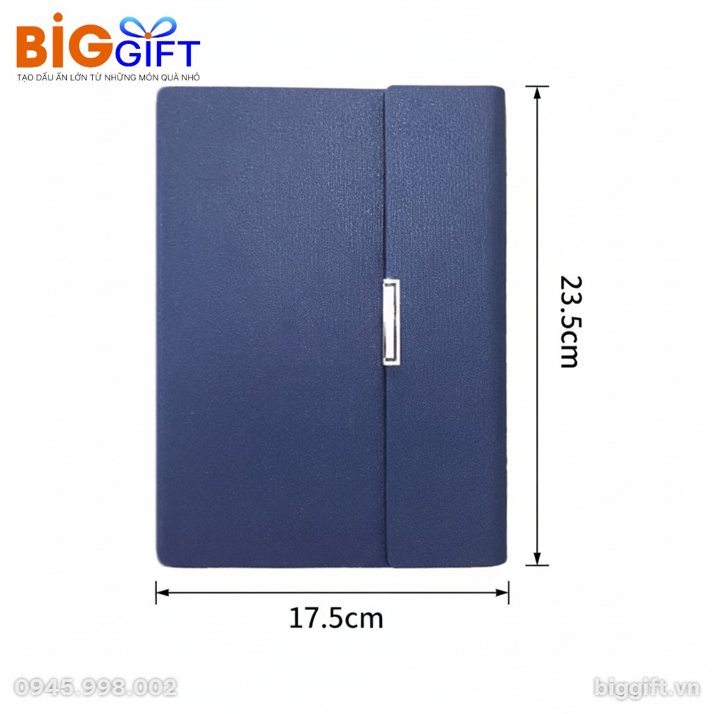Kích thước Sổ bìa da in logo quà tặng còng 3 khúc thẳng xanh dương SD04