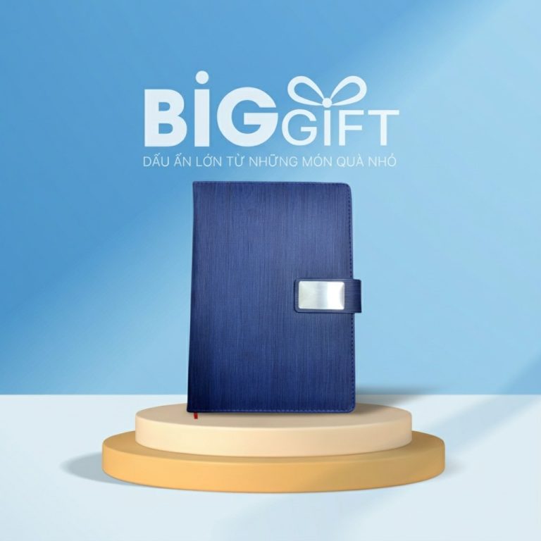 Sổ da quà tặng in logo dán gáy cài nam châm bìa xanh dương SD02
