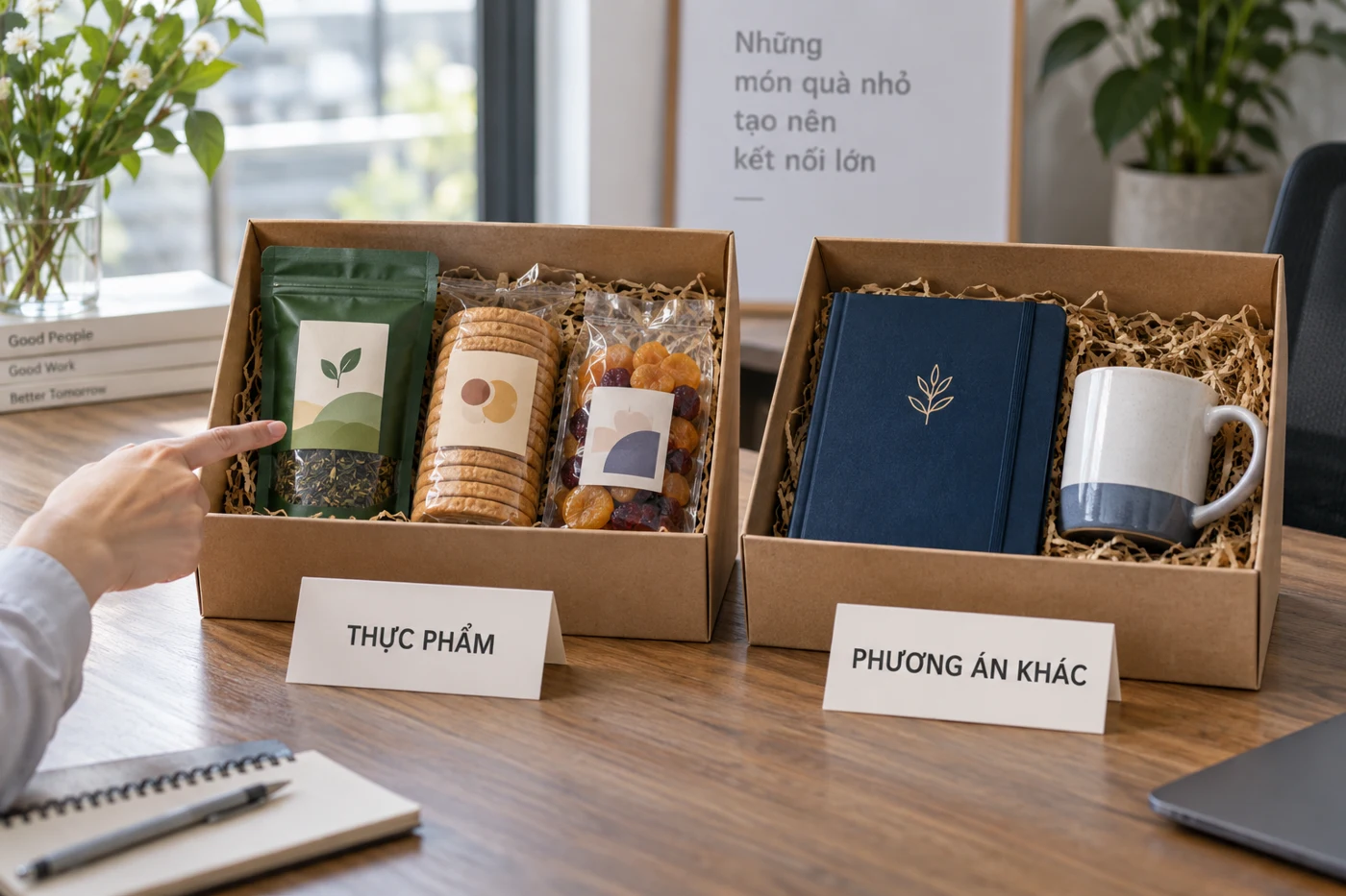 Hai phương &aacute;n qu&agrave;: hộp thực phẩm đ&oacute;ng g&oacute;i v&agrave; hộp sổ với cốc để người nhận tự chọn