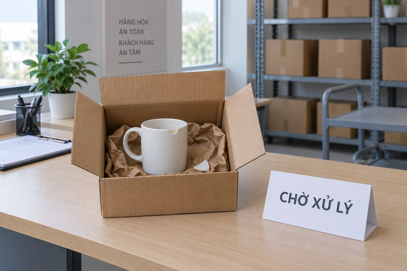 Cốc sứ sứt miệng v&agrave; mảnh vỡ nằm trong th&ugrave;ng được đặt ri&ecirc;ng tại khu tiếp nhận