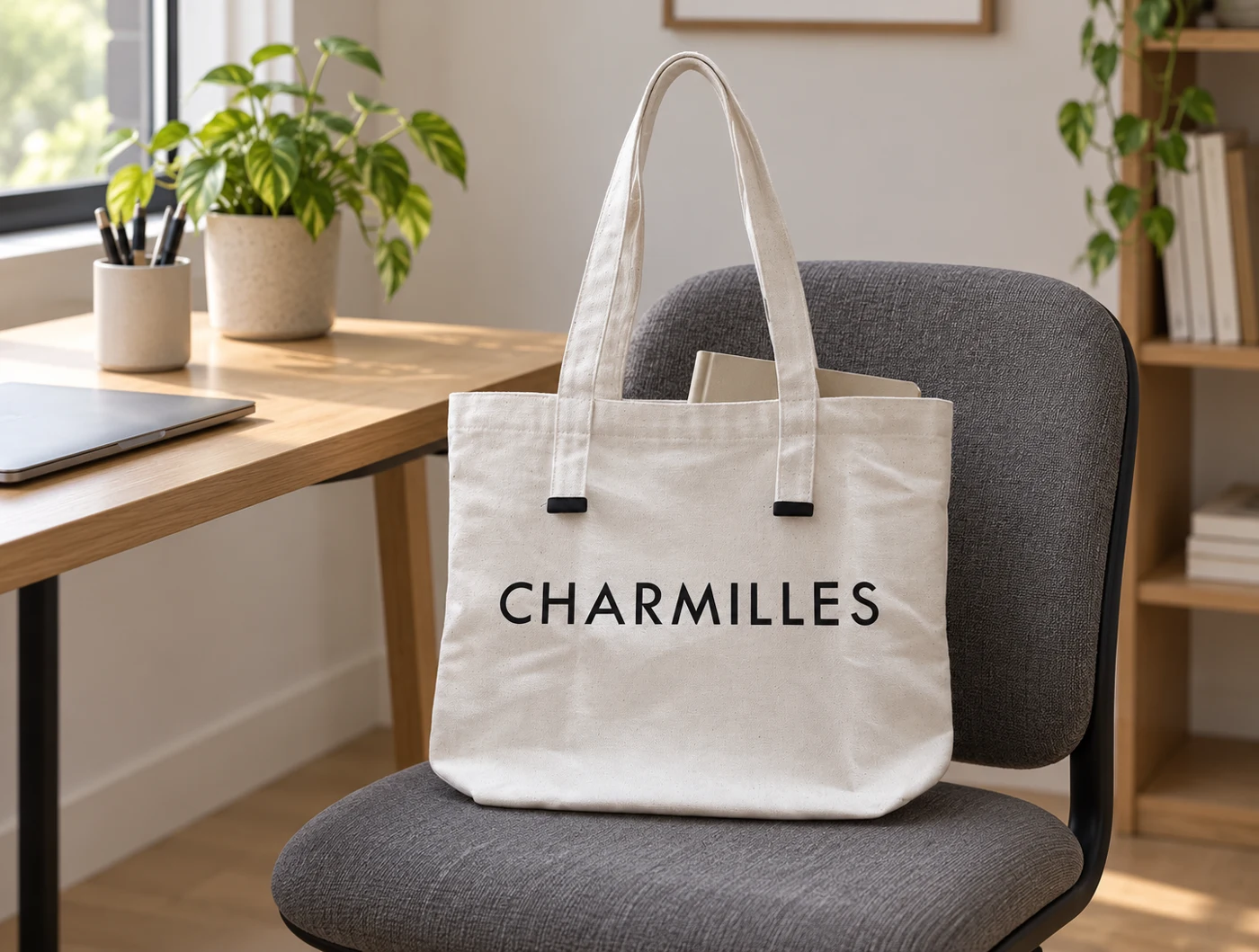 T&uacute;i vải CHARMILLES đặt tr&ecirc;n ghế cạnh b&agrave;n l&agrave;m việc, b&ecirc;n trong c&oacute; một cuốn sổ
