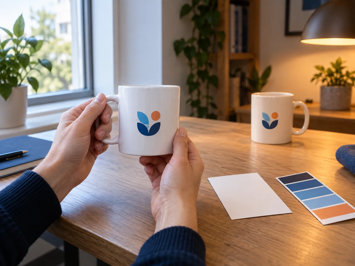 Hai cốc c&ugrave;ng logo được xem dưới &aacute;nh s&aacute;ng cửa sổ v&agrave; &aacute;nh đ&egrave;n v&agrave;ng