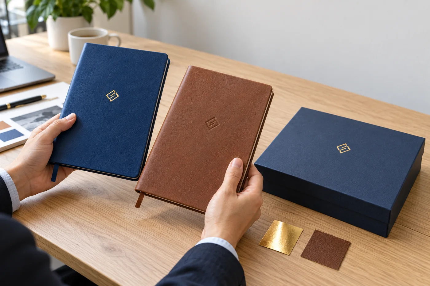 Người mua đặt cạnh sổ &eacute;p kim, sổ dập ch&igrave;m v&agrave; hộp qu&agrave; để so c&aacute;ch thể hiện logo