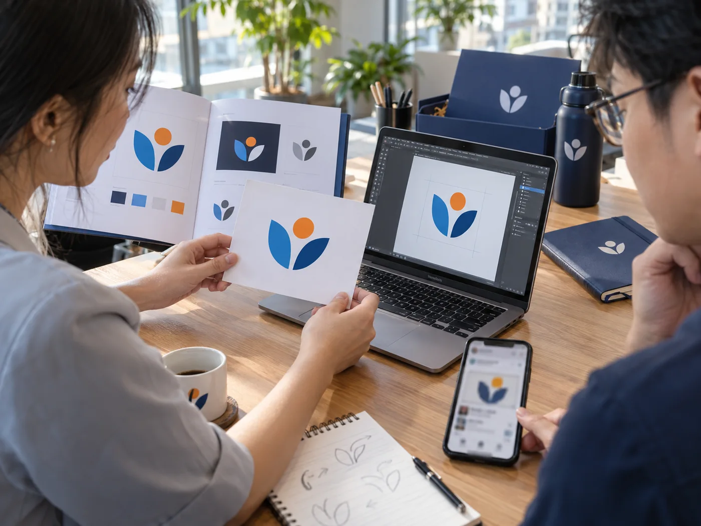 Hai người đối chiếu bộ nhận diện được cung cấp với bản logo tr&ecirc;n m&aacute;y t&iacute;nh