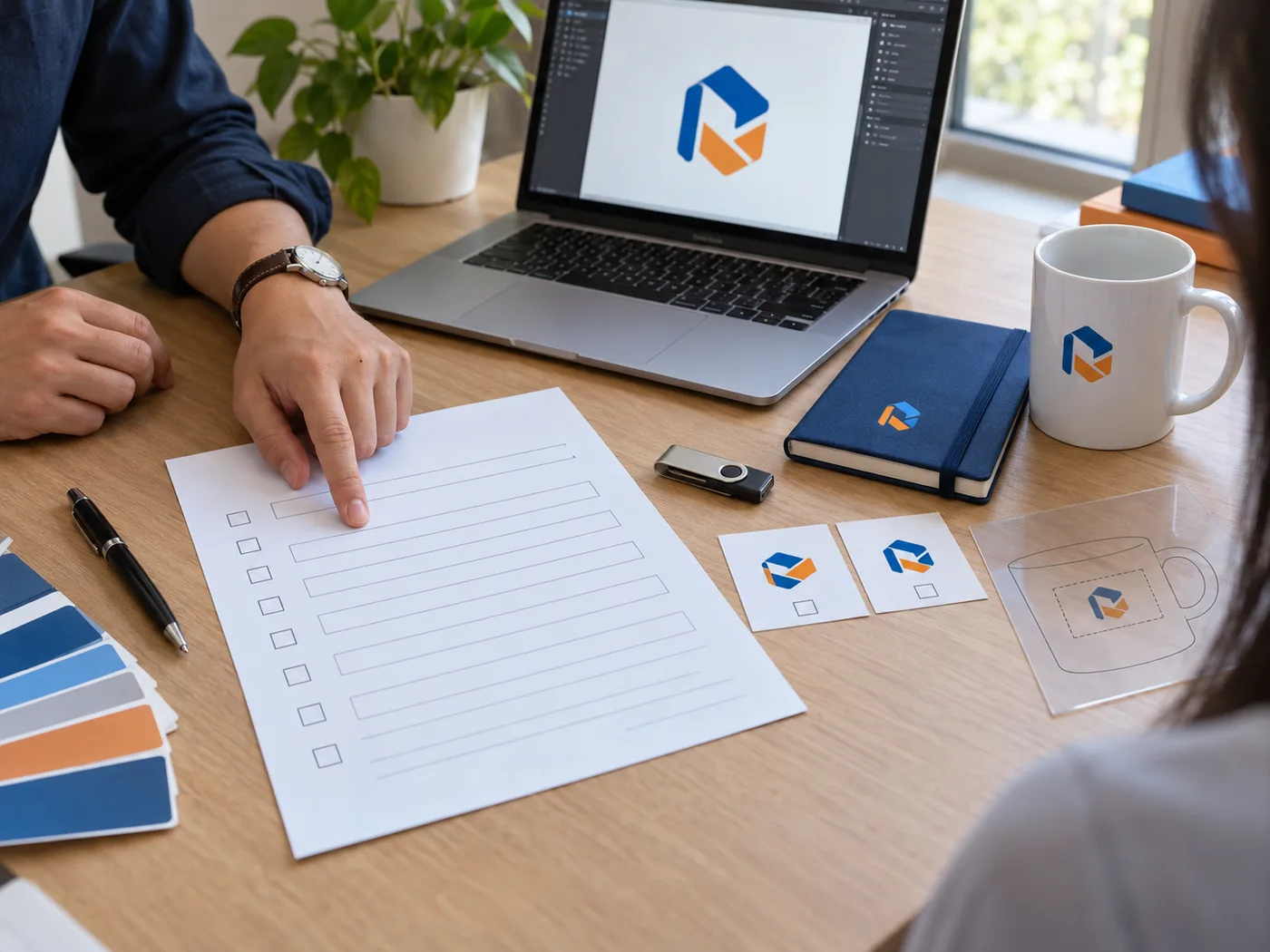 Phiếu b&agrave;n giao c&oacute; &ocirc; trống đặt cạnh file logo v&agrave; mẫu sổ, cốc