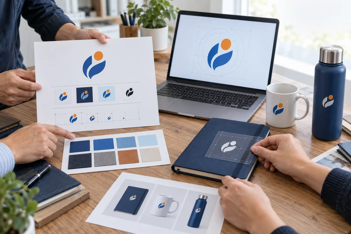 Nh&oacute;m người so file logo, bảng m&agrave;u v&agrave; vị tr&iacute; tr&ecirc;n sổ c&ugrave;ng cốc qu&agrave; tặng