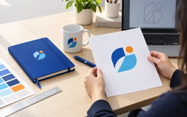 Bản logo được so với logo trên sổ, cốc và bút quà tặng