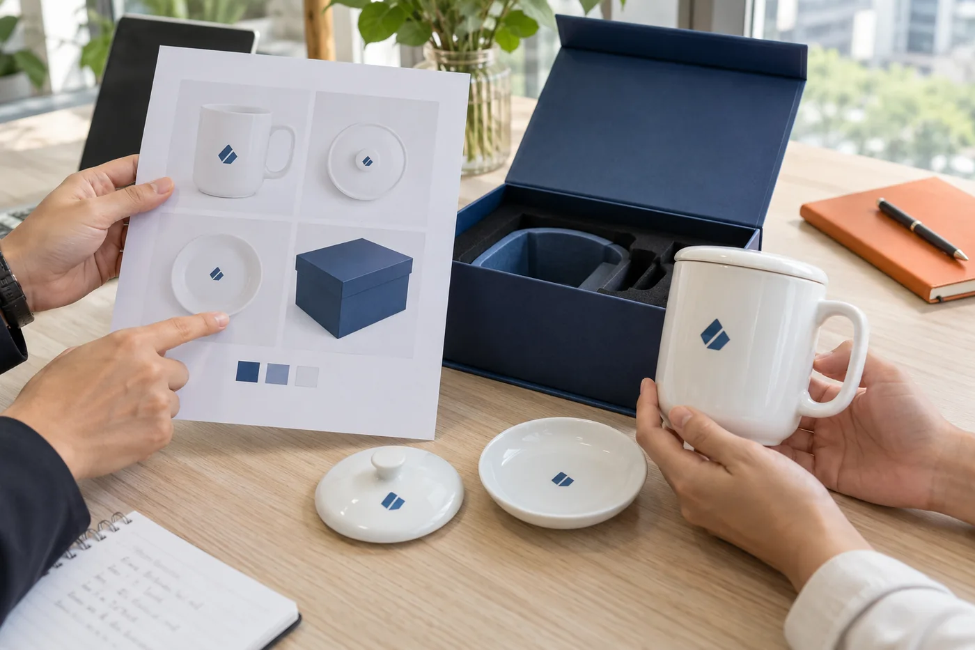 Đối chiếu bản thiết kế cốc, nắp, đĩa v&agrave; hộp với bộ gốm sứ ho&agrave;n thiện