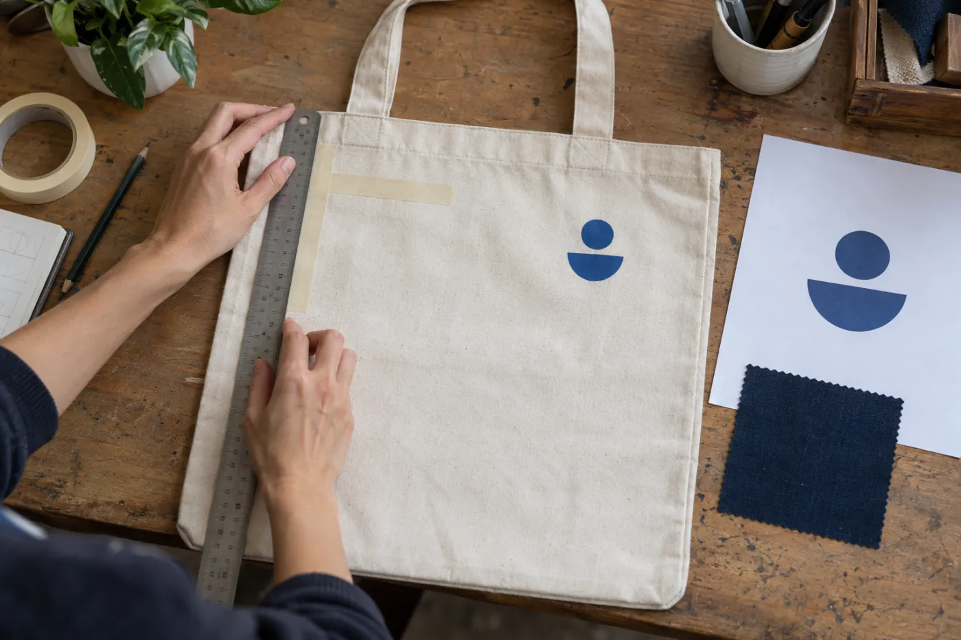 Tay đo vị tr&iacute; biểu trưng tr&ecirc;n t&uacute;i canvas bằng thước v&agrave; băng d&aacute;n.