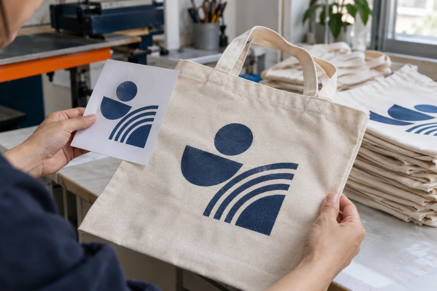 Người kiểm mẫu đối chiếu h&igrave;nh in xanh tr&ecirc;n t&uacute;i canvas với bản duyệt tr&ecirc;n giấy.