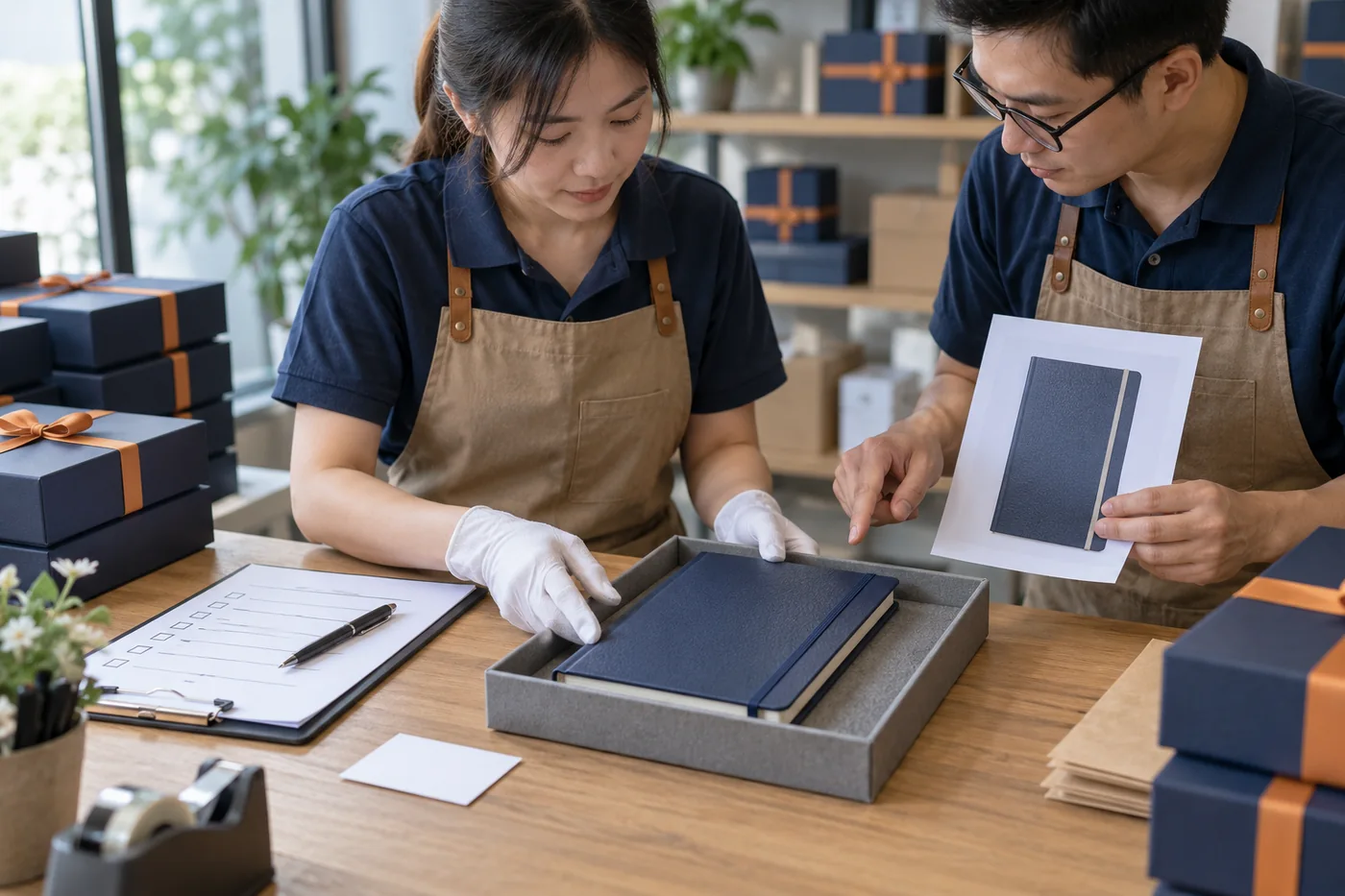 Một cuốn sổ được t&aacute;ch v&agrave;o khay để nh&acirc;n vi&ecirc;n đối chiếu bản duyệt