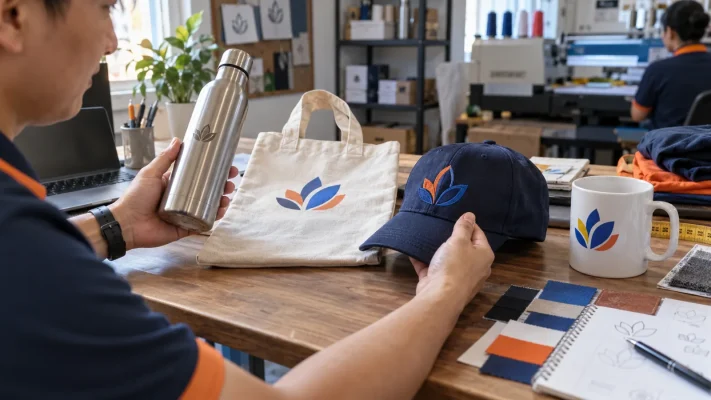 Các mẫu bình kim loại, túi vải, mũ thêu và cốc được so để chọn kỹ thuật logo