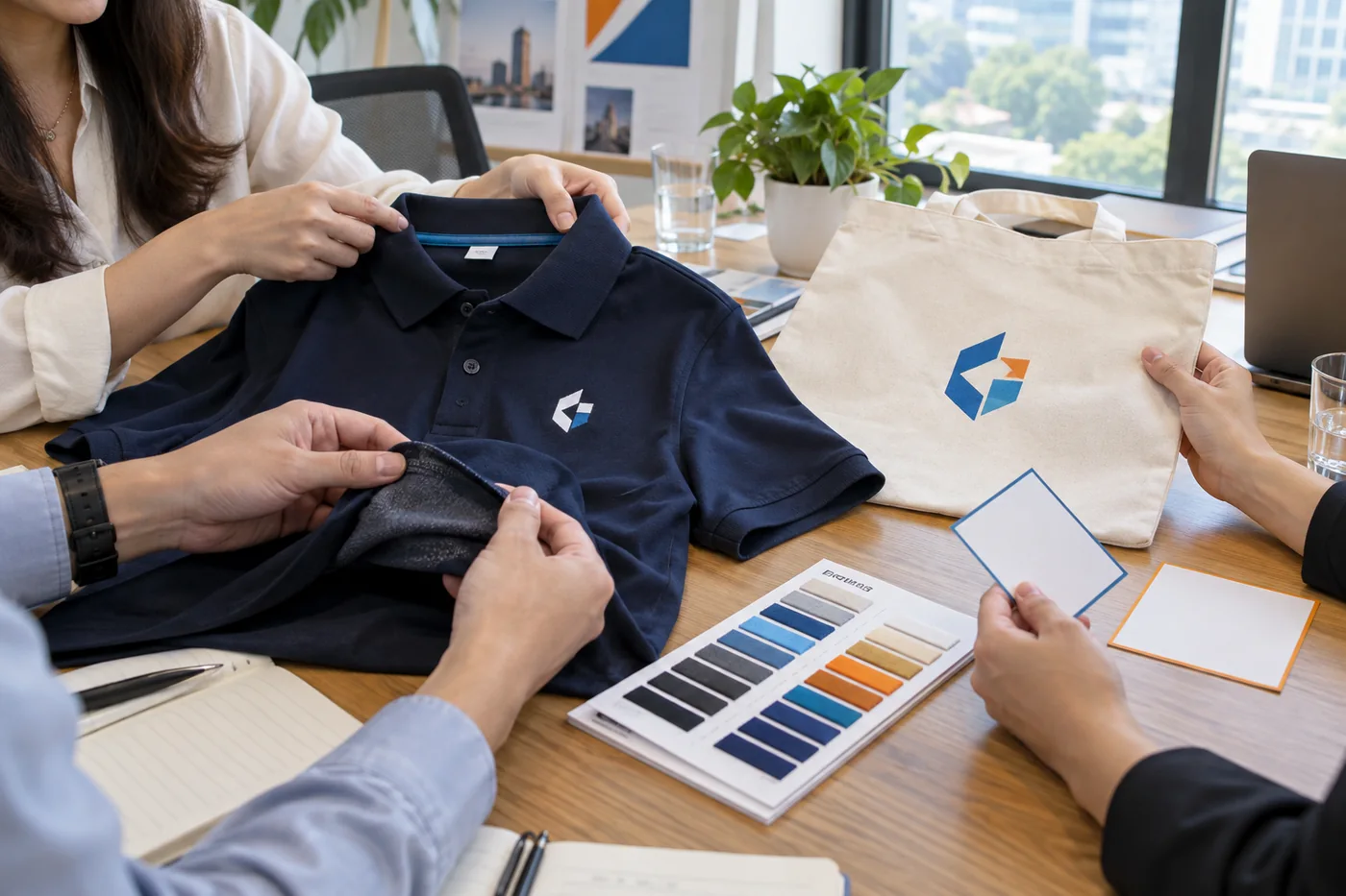 Nh&oacute;m người c&ugrave;ng kiểm logo, bề mặt vải v&agrave; mẫu &aacute;o t&uacute;i trước khi x&aacute;c nhận