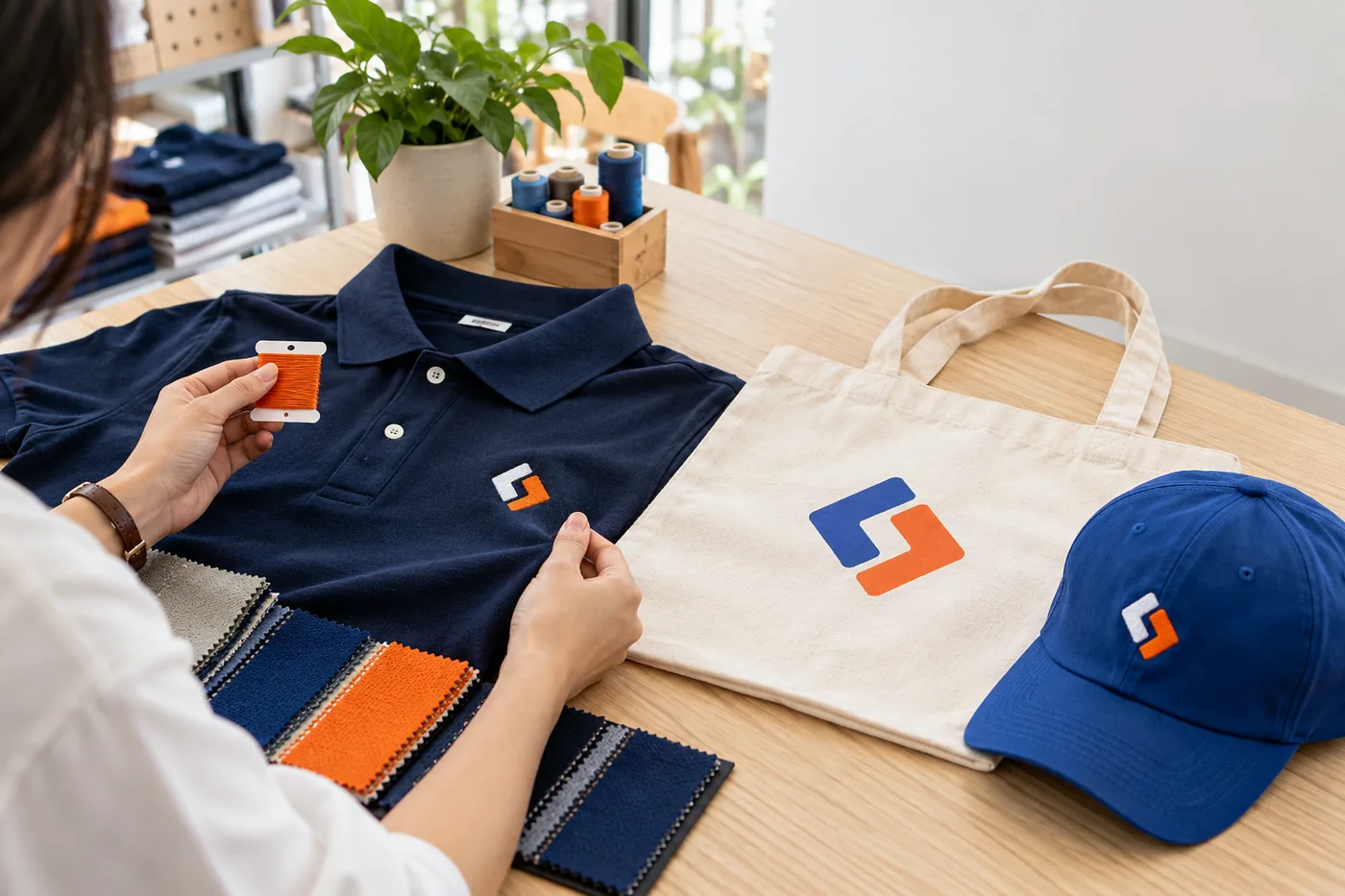 &Aacute;o polo, mũ v&agrave; t&uacute;i vải c&oacute; logo được so bằng mẫu vải v&agrave; chỉ th&ecirc;u