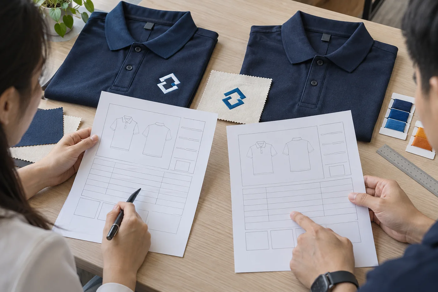 Hai người đối chiếu mẫu &aacute;o, k&iacute;ch thước logo, chỉ m&agrave;u v&agrave; biểu mẫu phạm vi b&aacute;o gi&aacute;