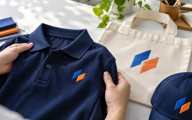 So bề mặt logo thêu trên áo và logo in trên túi vải trước khi chọn mẫu quà