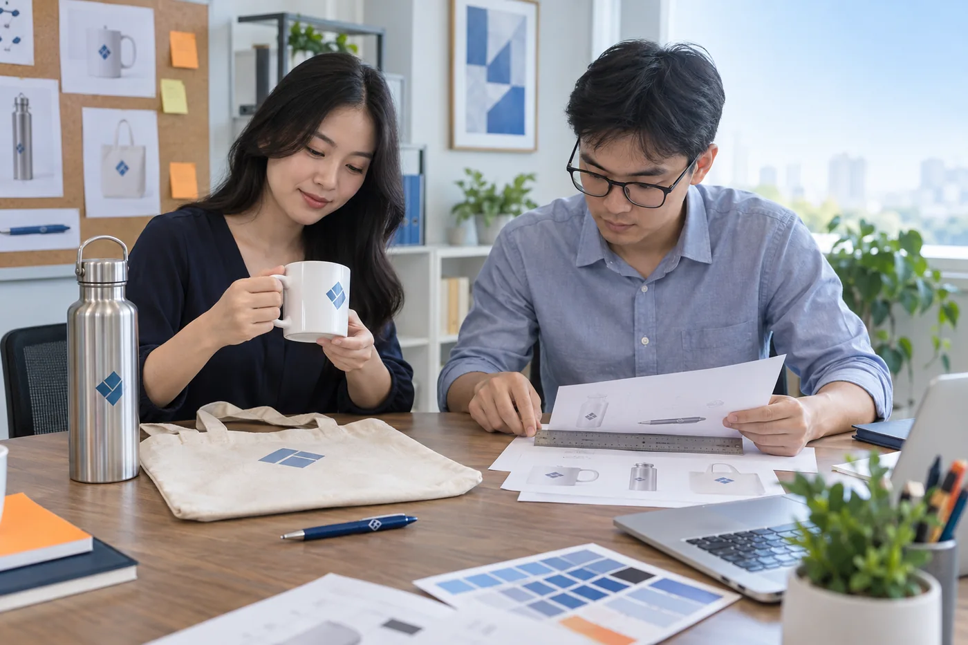 Hai người kiểm vị tr&iacute; logo khi cầm cốc v&agrave; đối chiếu bản vẽ của bộ qu&agrave;