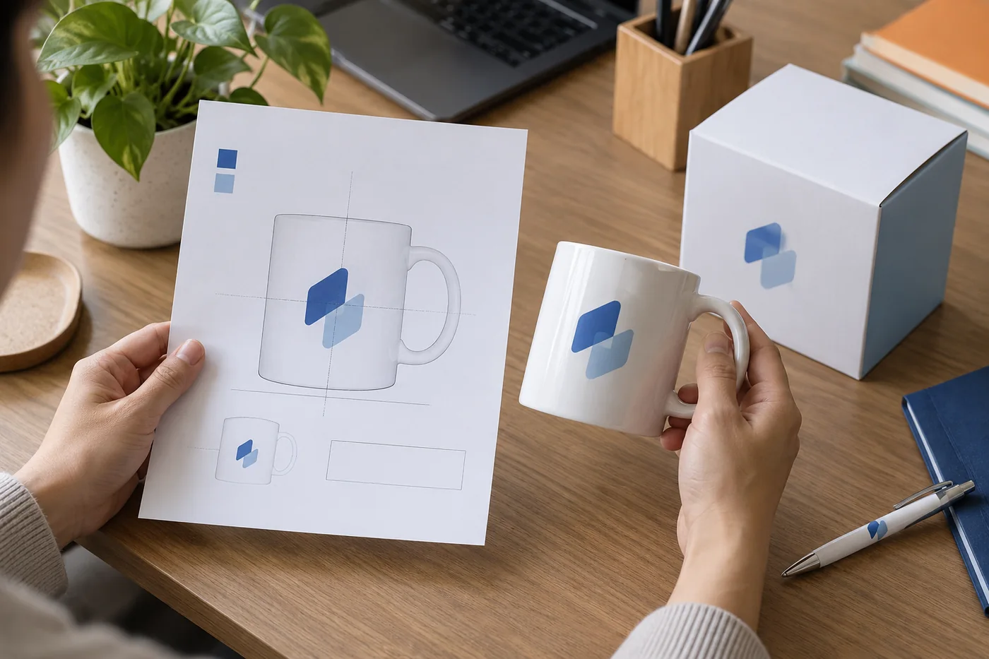 Bản vẽ hướng quai v&agrave; logo được đối chiếu với chiếc cốc in mẫu