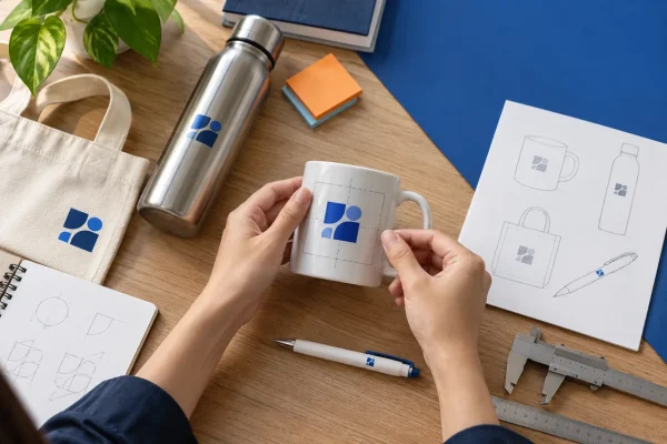 Bàn làm việc so vị trí logo trên cốc, bình, túi và bút