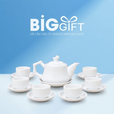Bộ ấm chén trà quà tặng in logo men trắng dáng trúc 400ml AC01
