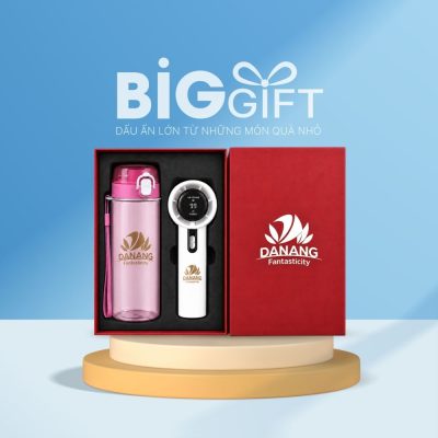 Bộ giftset in logo quà tặng bình nước nhựa 500ml và quạt điện cầm tay BGS-17