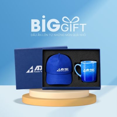 Bộ giftset in logo quà tặng mũ vải lưỡi trai và cốc sứ men hỏa biến xanh dương BGS-23