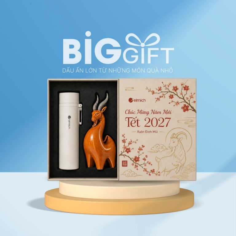Bộ giftset quà tặng in logo bình giữ nhiệt Elmich và tượng linh vật Dê BGS-20