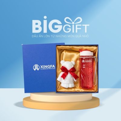 Bộ giftset quà tặng in logo bình nước nhựa màu và khăn bông gấp gấu BGS-08