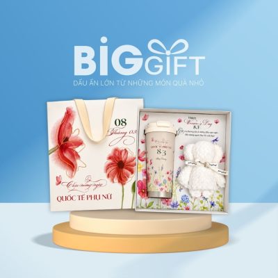 Bộ giftset quà tặng in logo ly giữ nhiệt họa tiết hoa và khăn bông gấp gấu BGS-07