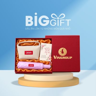 Bộ giftset quà tặng in logo túi cói cầm tay và ô dù gấp 3 tự động BGS-03